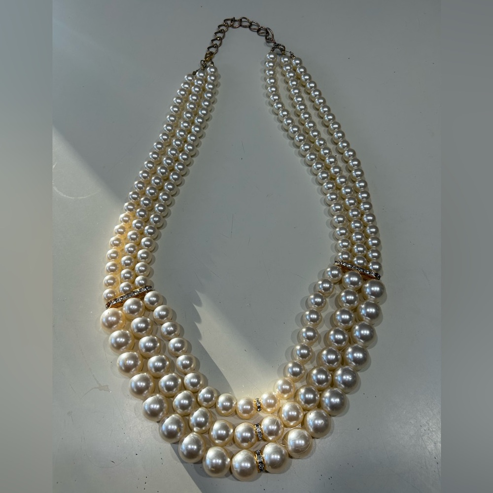 Vintage 3-Strand Graduated Pearl Necklace with Gold and Rhinestone Accents